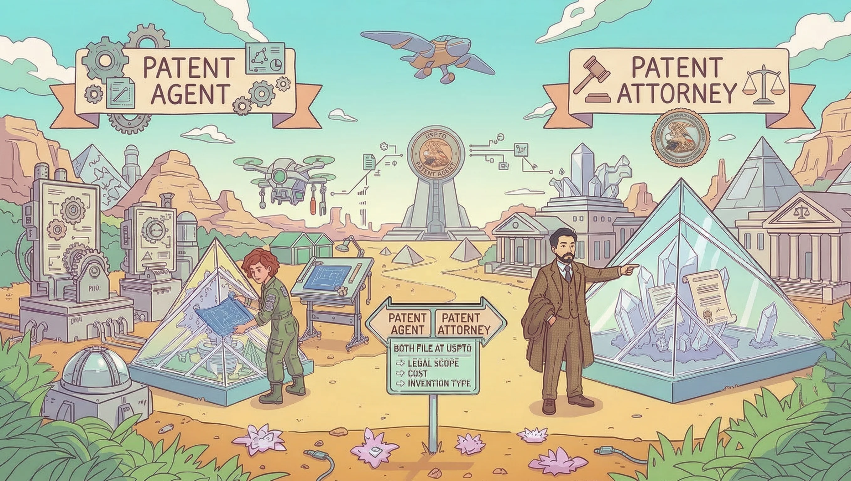 Illustration comparing patent agents and patent attorneys